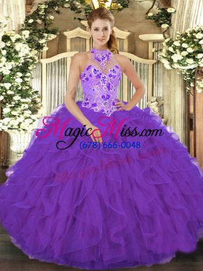 Purple Lace Up Halter Top Beading and Embroidery and Ruffles Sweet 16 Dress Organza Sleeveless