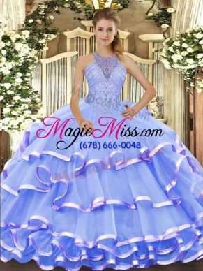 Nice Blue 15 Quinceanera Dress Military Ball and Sweet 16 and Quinceanera with Beading and Ruffled Layers Halter Top Sleeveless Lace Up