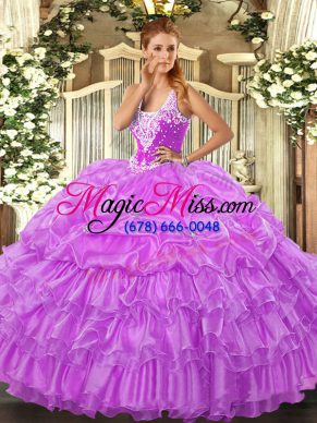 Straps Sleeveless Sweet 16 Dresses Floor Length Beading and Ruffled Layers and Pick Ups Lilac Organza