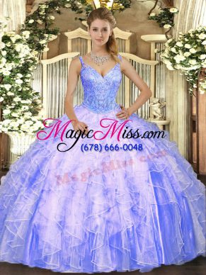 Superior Sleeveless Floor Length Beading and Ruffles Lace Up Quince Ball Gowns with Lavender