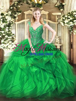 Best Selling Green Sleeveless Floor Length Beading and Ruffles Lace Up Quince Ball Gowns