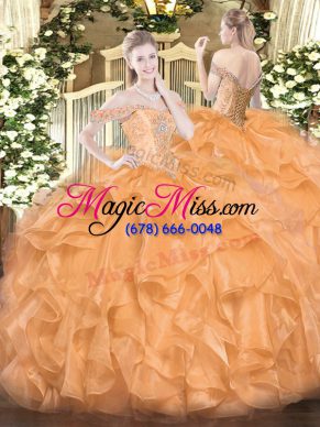 Latest Orange Organza Lace Up Off The Shoulder Sleeveless Floor Length Quince Ball Gowns Beading and Ruffles