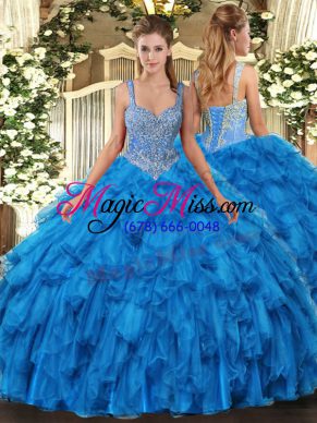 Blue Sleeveless Floor Length Beading and Ruffles Lace Up Quinceanera Gowns