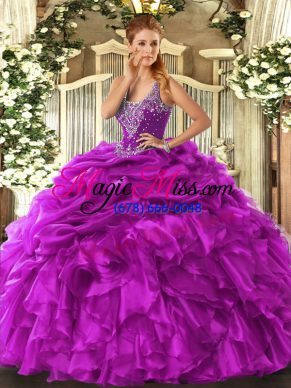 Organza Straps Sleeveless Lace Up Beading and Ruffles and Pick Ups Sweet 16 Dresses in Fuchsia