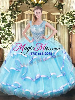 Fashion Aqua Blue Organza Lace Up Quinceanera Dress Sleeveless Floor Length Beading and Ruffled Layers