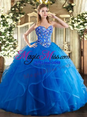 Floor Length Royal Blue Sweet 16 Quinceanera Dress Tulle Sleeveless Embroidery and Ruffles