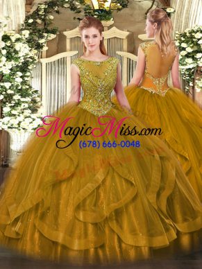 Brown Ball Gowns Scoop Sleeveless Tulle Floor Length Zipper Beading Quinceanera Dress