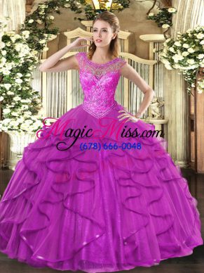 Fashionable Sweetheart Sleeveless Sweet 16 Dresses Floor Length Beading and Ruffles Fuchsia Tulle