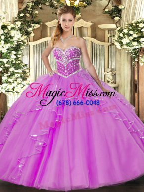 Exceptional Lilac Ball Gowns Sweetheart Sleeveless Tulle Floor Length Lace Up Beading and Ruffles Quinceanera Dresses