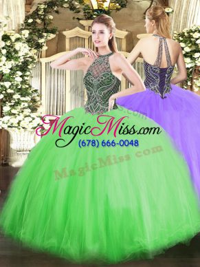 Shining Ball Gowns Tulle Halter Top Sleeveless Beading Floor Length Lace Up Quinceanera Gowns