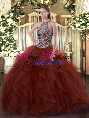 Ball Gowns Quinceanera Dresses Rust Red Halter Top Organza Sleeveless Floor Length Lace Up