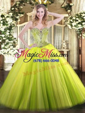 High Quality Floor Length Lace Up 15th Birthday Dress Yellow Green for Sweet 16 and Quinceanera with Beading