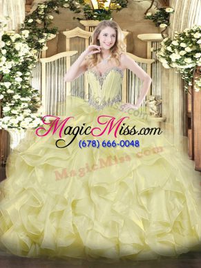 Best Selling Yellow Ball Gowns Sweetheart Sleeveless Organza Floor Length Lace Up Beading and Ruffles Quinceanera Dress