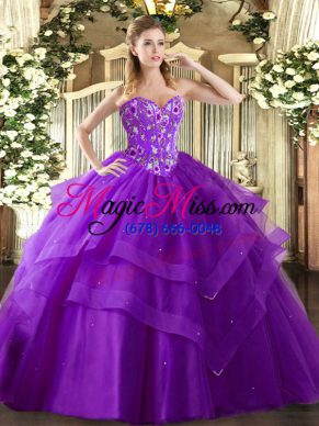 Excellent Embroidery and Ruffled Layers Quinceanera Gown Eggplant Purple Lace Up Sleeveless Floor Length