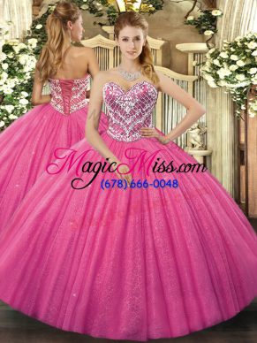 Amazing Beading 15th Birthday Dress Hot Pink Lace Up Sleeveless Floor Length