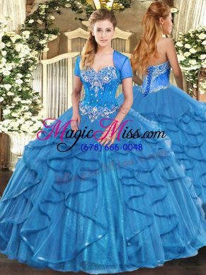 Tulle Sweetheart Sleeveless Lace Up Beading and Ruffles Sweet 16 Quinceanera Dress in Baby Blue