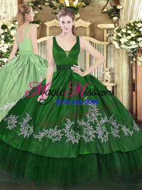 Fine Dark Green Zipper Quinceanera Dresses Beading and Embroidery Sleeveless Floor Length