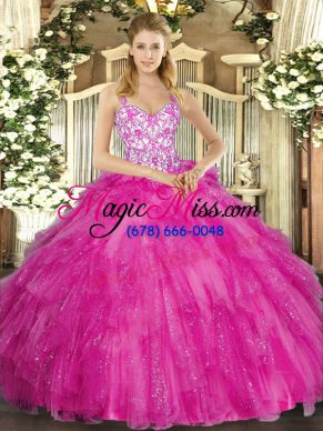 Floor Length Lace Up Quinceanera Dress Fuchsia for Sweet 16 and Quinceanera with Appliques and Ruffles