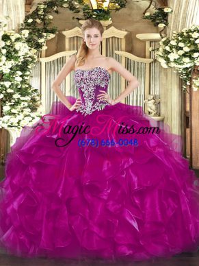 Fuchsia Ball Gowns Beading and Ruffles 15 Quinceanera Dress Lace Up Organza Sleeveless Floor Length