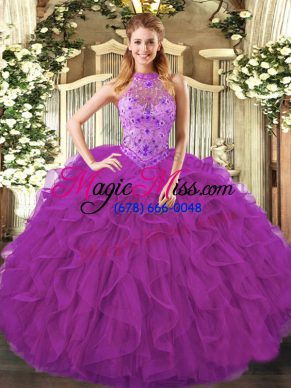 Purple Ball Gowns Beading and Ruffles Quinceanera Dress Lace Up Organza Sleeveless Floor Length