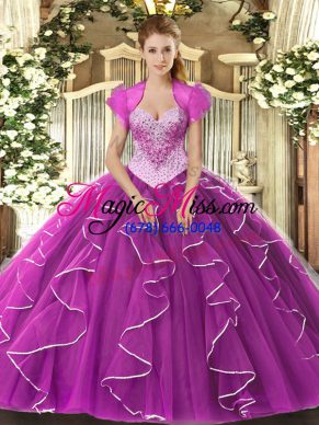 Exceptional Fuchsia Ball Gowns Beading Sweet 16 Dress Lace Up Tulle Sleeveless Floor Length