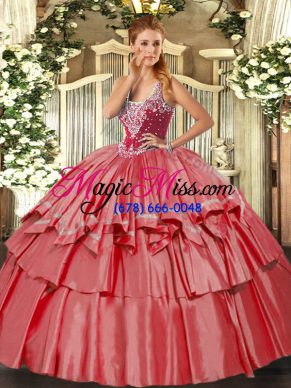 High Quality Floor Length Ball Gowns Sleeveless Coral Red Quinceanera Gown Lace Up