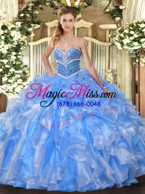 Floor Length Baby Blue Quinceanera Dress Organza Sleeveless Beading and Ruffles