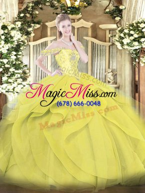 Yellow Tulle Lace Up Quinceanera Dresses Sleeveless Floor Length Beading and Ruffles