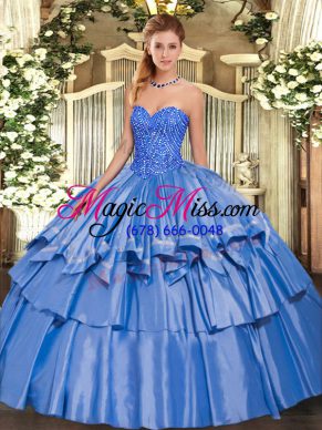 Sweet Blue Ball Gowns Sweetheart Sleeveless Organza and Taffeta Floor Length Lace Up Beading and Ruffled Layers Sweet 16 Dress