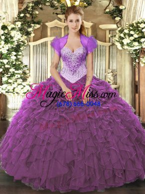 Romantic Eggplant Purple Sleeveless Beading and Ruffles Floor Length Quinceanera Gowns