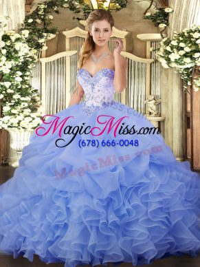 Flirting Floor Length Lace Up Quince Ball Gowns Lavender for Military Ball and Sweet 16 and Quinceanera with Beading and Ruffles and Pick Ups