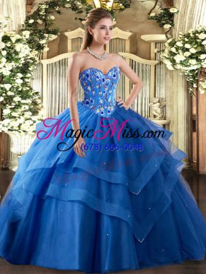 Decent Blue Ball Gowns Sweetheart Sleeveless Tulle Floor Length Lace Up Embroidery and Ruffled Layers 15 Quinceanera Dress