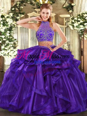 Purple Two Pieces Beading and Ruffled Layers Sweet 16 Dresses Criss Cross Organza Sleeveless Floor Length