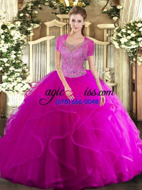 Fuchsia Clasp Handle Sweet 16 Dress Beading and Ruffled Layers Sleeveless Floor Length