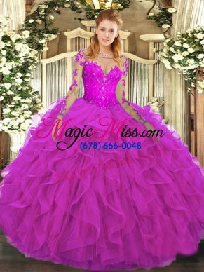 Fine Fuchsia Scoop Lace Up Lace and Ruffles Sweet 16 Quinceanera Dress Long Sleeves