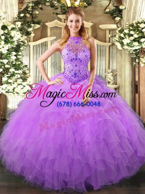 High Class Halter Top Sleeveless Quince Ball Gowns Floor Length Beading and Ruffles Lavender Organza