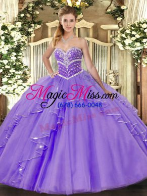 Lavender Ball Gowns Sweetheart Sleeveless Tulle Floor Length Lace Up Beading and Ruffles Quince Ball Gowns