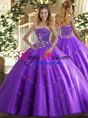 Custom Made Lavender Lace Up Quince Ball Gowns Beading and Appliques Sleeveless Floor Length