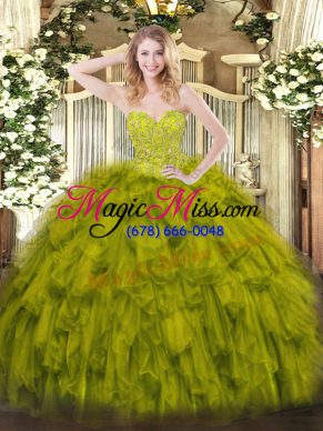 Affordable Olive Green Lace Up Sweetheart Beading and Ruffles Quinceanera Dress Organza Sleeveless