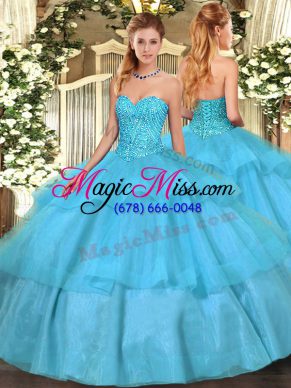 Ideal Aqua Blue Quince Ball Gowns Military Ball and Sweet 16 and Quinceanera with Beading and Ruffled Layers Sweetheart Sleeveless Lace Up