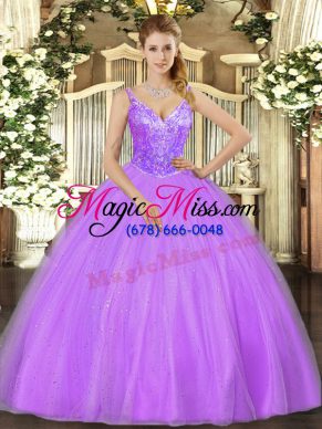 Floor Length Lavender Quinceanera Gown Tulle Sleeveless Beading