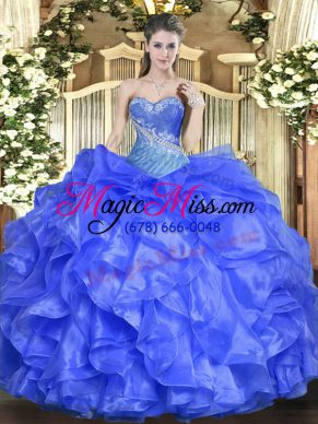 Top Selling Blue Organza Lace Up Quinceanera Dress Sleeveless Floor Length Beading and Ruffles