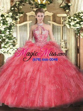 Gorgeous Floor Length Coral Red Quinceanera Gown Halter Top Sleeveless Lace Up