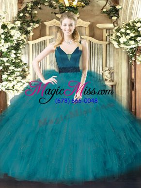 Shining Floor Length Teal 15 Quinceanera Dress Tulle Sleeveless Beading and Ruffles