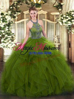 Beading and Ruffles Quinceanera Dress Olive Green Lace Up Sleeveless Floor Length