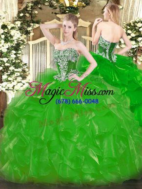 Hot Sale Green Strapless Neckline Beading and Ruffles Ball Gown Prom Dress Sleeveless Lace Up