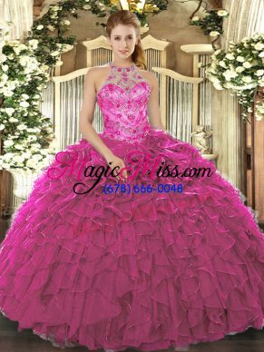 Stunning Beading and Ruffles Quince Ball Gowns Fuchsia Lace Up Sleeveless Floor Length