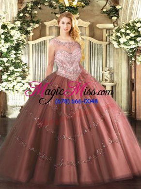 Brown Sleeveless Tulle Zipper Sweet 16 Quinceanera Dress for Military Ball and Sweet 16 and Quinceanera