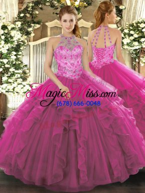 Chic Fuchsia Sleeveless Organza Lace Up Vestidos de Quinceanera for Military Ball and Sweet 16 and Quinceanera