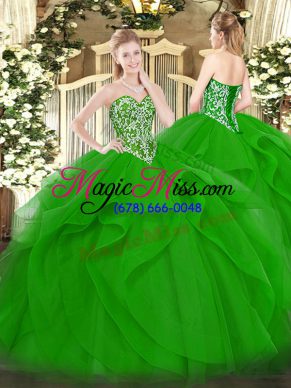 Sleeveless Tulle Floor Length Lace Up Sweet 16 Quinceanera Dress in Green with Beading and Ruffles